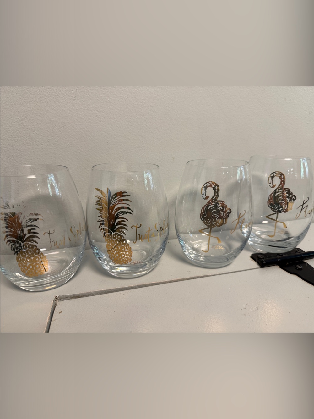 Gold Pineapple & Flamingo stemless drink glasses